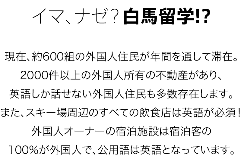 イマ、ナゼ？白馬留学!?　現在、約600組の外国人住民が年間を通して滞在。
2000件以上の外国人所有の不動産があり、
英語しか話せない外国人住民も多数存在します。
また、スキー場周辺のすべての飲食店は英語が必須！
外国人オーナーの宿泊施設は宿泊客の
100％が外国人で、公用語は英語となっています。